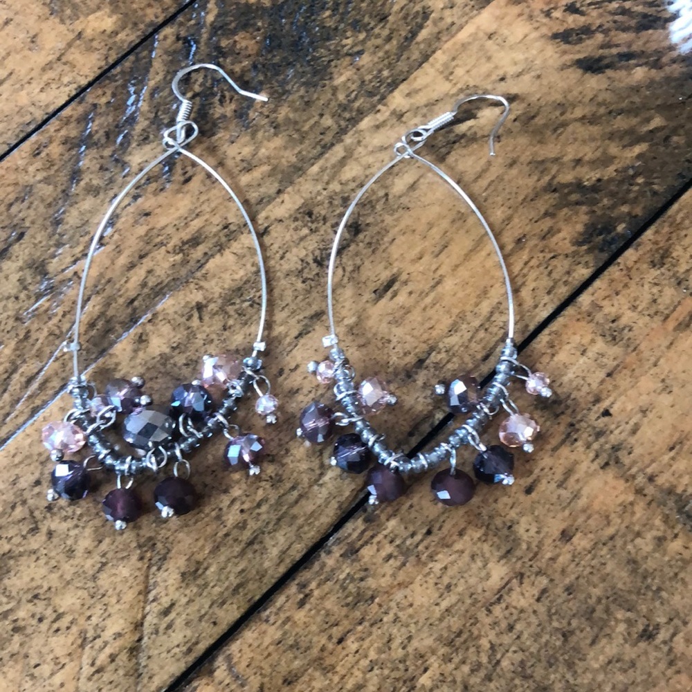 Teardrop earrings with dangle purple glass beads